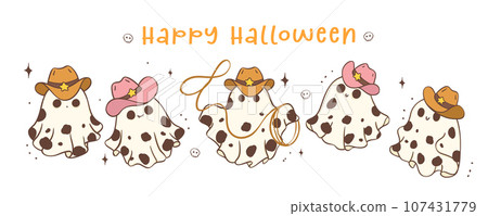 Group of Halloween Cowboy Ghost Cute Kawaii Cartoon Doodle Vector illustration banner. Happy haloween Group of Halloween Cowboy Ghost Cute Kawaii Cartoon Doodle Vector illustration banner. Happy haloween 107431779