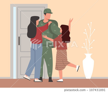 Wife and daughter with joy meet father of soldier returned from war or army. Warfare action serviceman is back home. Smiling military man. Cartoon flat style illustration. Vector concept 107431891