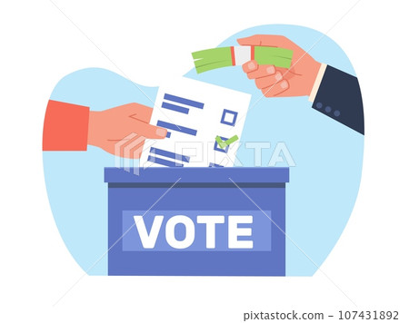 Vote buying by political candidates. Voting election corruption. Bribery in election process. Politician holding money and voter holding ballot cartoon flat style isolated vector concept 107431892
