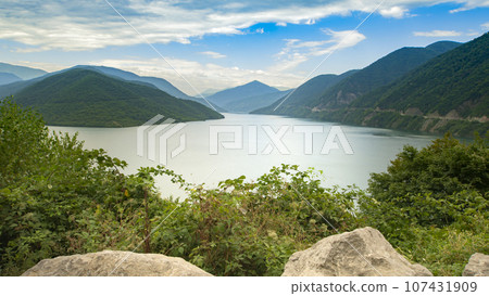 Mountain landscape, lake and mountain range, panorama, Georgia. Mountain landscape, lake and mountain range, panorama, Georgia. 107431909