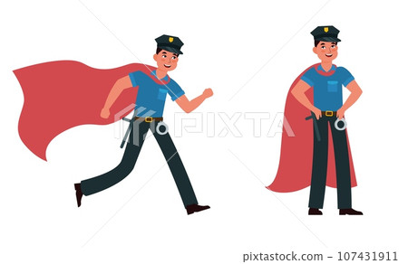 Super cop on duty, police superhero with superhuman powers. American police in uniform and red cape. Standing and running man. Officer or sheriff. Cartoon flat isolated vector concept 107431911