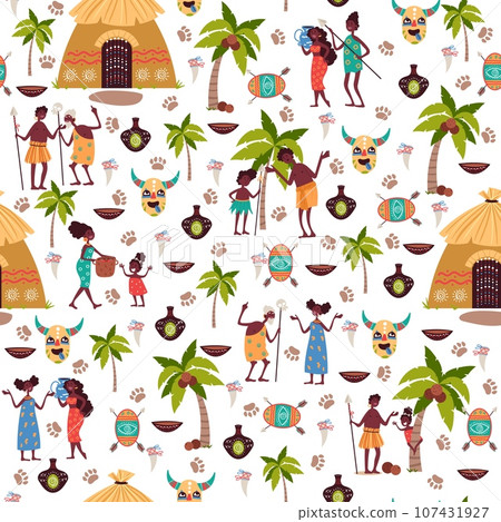 Seamless pattern with elements of African peoples lives. Aborigines and house. Cartoon flat isolated illustration. Decor textile, wrapping paper, wallpaper design. Vector concept Seamless pattern with elements of African peoples lives. Aborigines and house. Cartoon flat isolated illustration. Decor textile, wrapping paper, wallpaper design. Vector concept 107431927