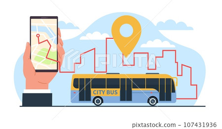 Mobile application on smartphone to track bus routes on city map. Cartoon flat style illustration. Hand hold phone. Location pin. Tracking path of public transport app. Vector concept 107431936