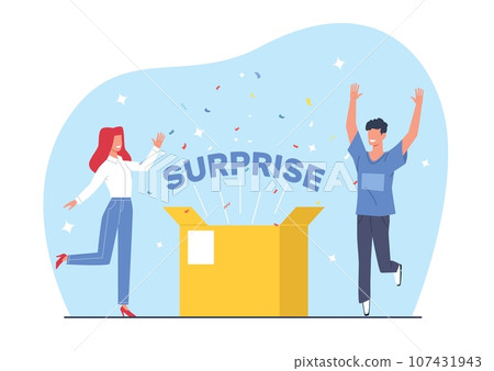 Happy people with gift, surprise box with confetti, guy and girl rejoicing over present they received. Fortune game prize. Sale lottery card. Cartoon flat style isolated vector concept Happy people with gift, surprise box with confetti, guy and girl rejoicing over present they received. Fortune game prize. Sale lottery card. Cartoon flat style isolated vector concept 107431943