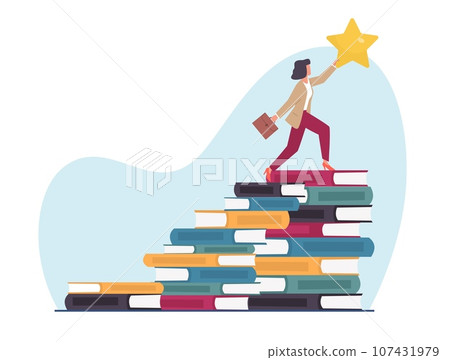 Books and knowledge help achieve goals and success, business lady climbs stacks of books to reach for star. Successful businesswoman learning. Cartoon flat style isolated vector concept 107431979