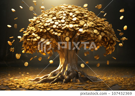 Golden tree money tree with gold coins in a Stock