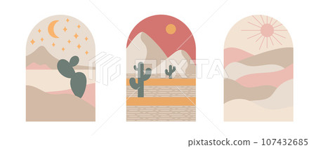Boho boho logo cactus set in minimal style. Landscape, cactus logo design templates in boho color, geometric abstract design for decoration. Boho boho logo cactus set in minimal style. Landscape, cactus logo design templates in boho color, geometric abstract design for decoration. 107432685