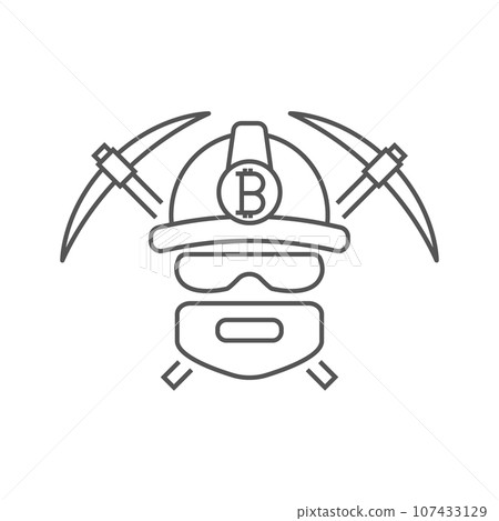 Miner logo. Mining Bitcoin Crypto Currencies. Worker with pickaxes. Editable Stroke 107433129