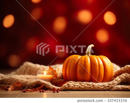 Beautiful fall holiday decorations, autumn decorative creative background with copy space in brown and orange colors, bokeh lights Beautiful fall holiday decorations, autumn decorative creative background with copy space in brown and orange colors, bokeh lights 107433339