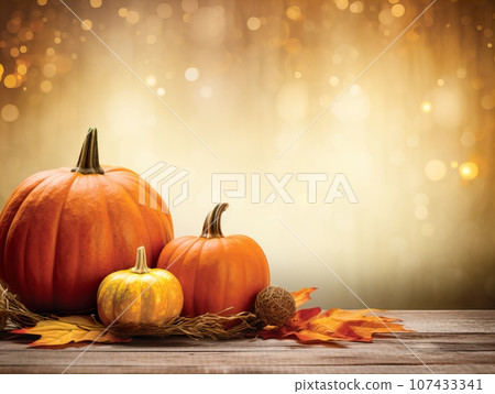 Beautiful fall holiday decorations, autumn decorative creative background with copy space in brown and orange colors, bokeh lights 107433341