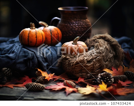 Beautiful fall decorations, autumn decorative background in brown and orange colors 107433424