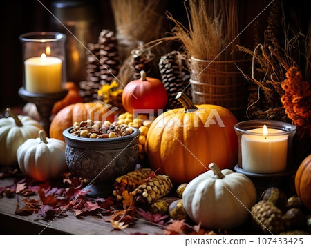 Beautiful fall decorations, autumn decorative background in brown and orange colors Beautiful fall decorations, autumn decorative background in brown and orange colors 107433425