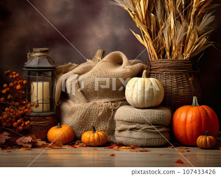 Beautiful fall decorations, autumn decorative background in brown and orange colors 107433426