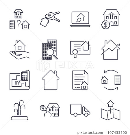 Home, Rent, Mortage Icons Set. Real estate, building, house, construction, contract icon and sign concept vector set for infographics, website. Icon set with editable stroke Home, Rent, Mortage Icons Set. Real estate, building, house, construction, contract icon and sign concept vector set for infographics, website. Icon set with editable stroke 107433500