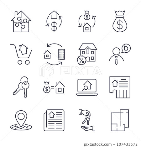 Real Estate. Set of outline vector icons. Includes such as Property, Building, Apartment and other. Editable Stroke. Icons set for app, sites and programs. Real estate, home, house, ad, agent, realtor Real Estate. Set of outline vector icons. Includes such as Property, Building, Apartment and other. Editable Stroke. Icons set for app, sites and programs. Real estate, home, house, ad, agent, realtor 107433572