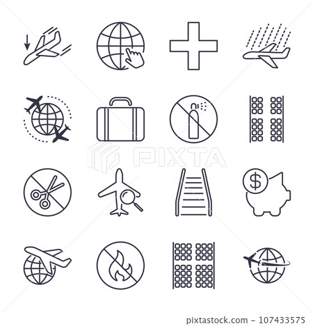 Airport and plane navigation icons set. Icons set with editable stroke 107433575