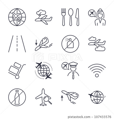 Airport theme line icon set. Pixel perfect fully editable vector icon set suitable for websites, info graphics and print media. Icon set with editable stroke 107433576