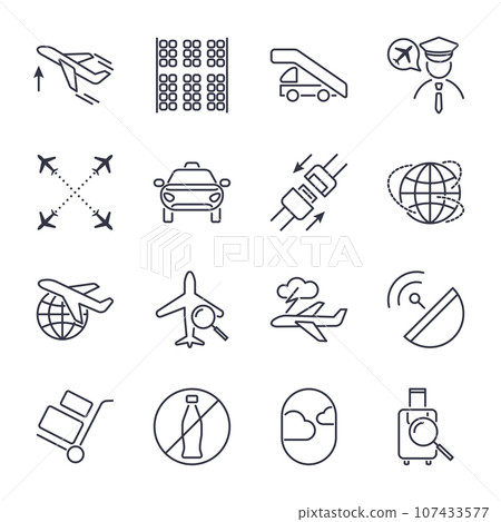 Airport navigation thin icons set. Icon set with editable stroke 107433577