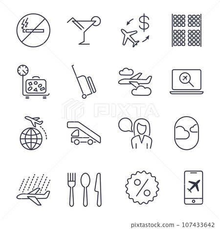 Plane icons set. set of 16 plane outline icons such as luggage, weight, airport. Icon set with editable stroke 107433642