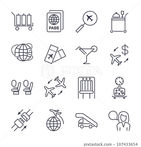 Simple airport icons set. Universal airport icons to use for web and mobile UI, set of basic UI airport elements. Baggage, plane,tickets, airway, seat belts and other. Icon set with editable stroke Simple airport icons set. Universal airport icons to use for web and mobile UI, set of basic UI airport elements. Baggage, plane,tickets, airway, seat belts and other. Icon set with editable stroke 107433654