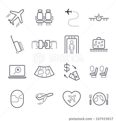 Airport icon set, airport management icons, aerial transportation icons plane, seat, airway, rechange, suitcase and other 107433657