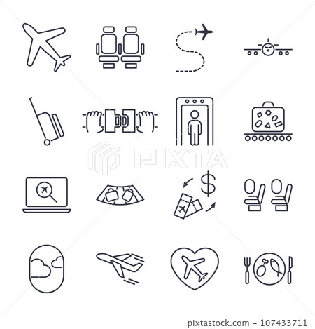 Airport icon set, airport management icons, aerial transportation icons plane, seat, airway, rechange, suitcase and other. Icon set with editable stroke 107433711