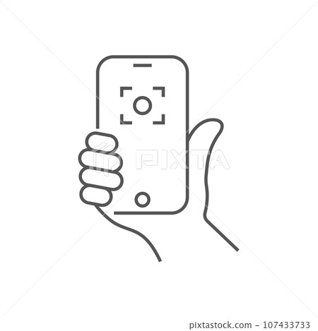 Hand holding phone, selfie icon. Trendy icon selfie on smartphone. Vector illustration. Editable Stroke. EPS 10. Hand holding phone, selfie icon. Trendy icon selfie on smartphone. Vector illustration. Editable Stroke. EPS 10. 107433733