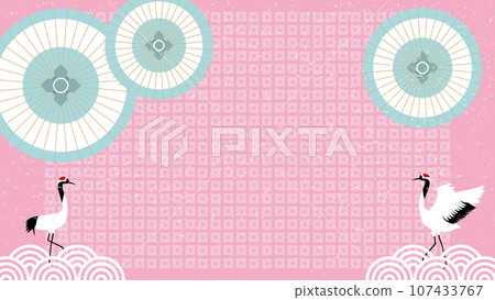 以日本傘和鶴為主題的日本圖案可愛吉祥的背景框架插圖。 107433767
