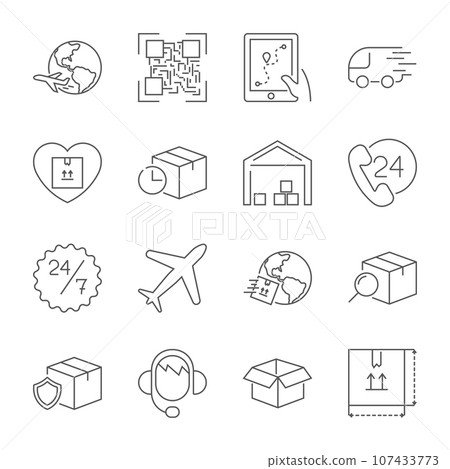 Delivery, transportation, logistics, shipping vector thin line icons set. Modern line graphic design for website, web design, mobile app, infographic. Pixel perfect vector outline icons set. Delivery, transportation, logistics, shipping vector thin line icons set. Modern line graphic design for website, web design, mobile app, infographic. Pixel perfect vector outline icons set. 107433773
