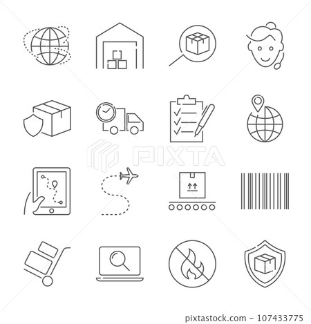 Parcel delivery service and logistics icon set. Fast delivery and quality service transportation. Shipping vector icons for logistic company. Editable Stroke. Parcel delivery service and logistics icon set. Fast delivery and quality service transportation. Shipping vector icons for logistic company. Editable Stroke. 107433775