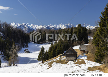 Typical wooden log cabins in Gorjuse, Triglavski national park, Slovenia 107434013