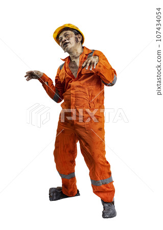 A scary construction worker zombie with blood and wounds on his body walking 107434054