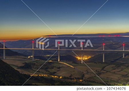 Multi-span cable stayed Millau Viaduct across gorge valley of Tarn River, Aveyron Departement, France 107434076
