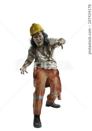 A scary construction worker zombie with blood and wounds on his body walking A scary construction worker zombie with blood and wounds on his body walking 107434176