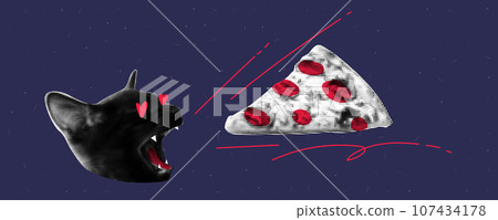 A collage on the theme of loving pizza. A cat with an open mouth. Pizza is flying into his mouth. Grunge background with minimalistic noise . Vector halftone illustration A collage on the theme of loving pizza. A cat with an open mouth. Pizza is flying into his mouth. Grunge background with minimalistic noise . Vector halftone illustration 107434178