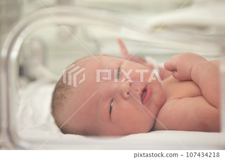 Newborn premature baby in NICU intensive care unit 107434218