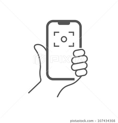 The hand hold the smartphone and doing selfie. Photo on smartphone. Editable Stroke. EPS 10 107434308