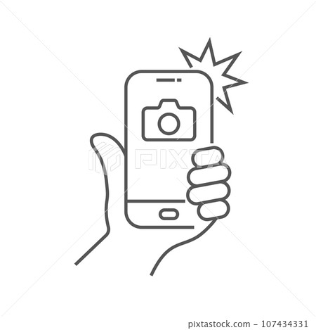 The hand hold the smartphone and photographed with a flash. Photo on smartphone. Editable Stroke The hand hold the smartphone and photographed with a flash. Photo on smartphone. Editable Stroke 107434331