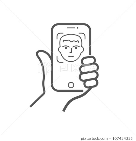 The hand hold the smartphone and doing selfie. Photo on smartphone. Editable Stroke 107434335