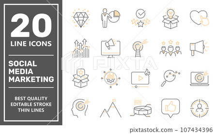 Digital marketing icon set. Containing seo, content, website, social media, sales and online advertising. Solid vector symbol collection. Editable Stroke Digital marketing icon set. Containing seo, content, website, social media, sales and online advertising. Solid vector symbol collection. Editable Stroke 107434396