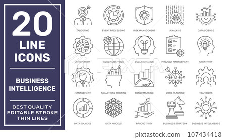 Set of business Intelligence icons, such as machine learning, data modeling, visualization, risk management and more. Business Intelligence tools in business area. UI, web, Editable stroke. EPS 10 107434418