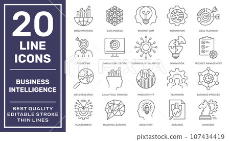 Business Intelligence vector icons. Business Intelligence tools. BI icons set. Perfect Vector in liner style. Editable Stroke. EPS 10. 107434419