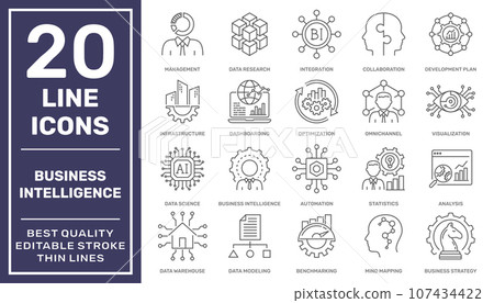 Business intelligence tools. Set of business Intelligence icons, such as machine learning, data modeling, visualization, risk management and more. Editable stroke 107434422