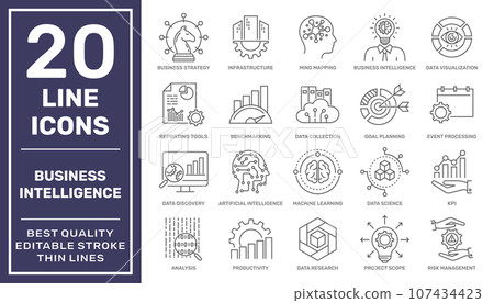 Business Intelligence icons set. Vector illustration. Editable stroke Business Intelligence icons set. Vector illustration. Editable stroke 107434423