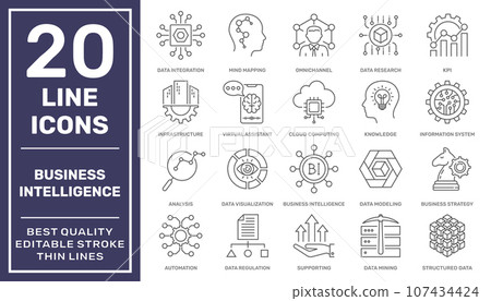 Business Intelligence related icons. BI icons. For Mobile and Web. The set contains icons Analyzing, Data, Research, Cloud, Strategy. Editable Stroke. Business Intelligence related icons. BI icons. For Mobile and Web. The set contains icons Analyzing, Data, Research, Cloud, Strategy. Editable Stroke. 107434424