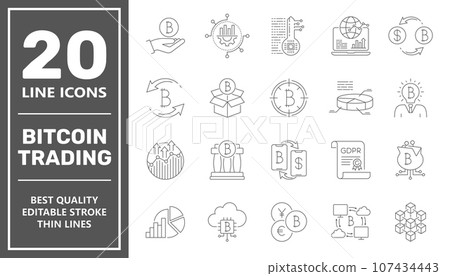 Bitcoin trading icons. Digital money, bitcoin vector line icons, minimal pictogram design, Editable Stroke. EPS 10. Bitcoin trading icons. Digital money, bitcoin vector line icons, minimal pictogram design, Editable Stroke. EPS 10. 107434443