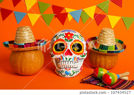 A painted human skull for Day of the Dead in Mexico. A painted human skull for Day of the Dead in Mexico. 107434527