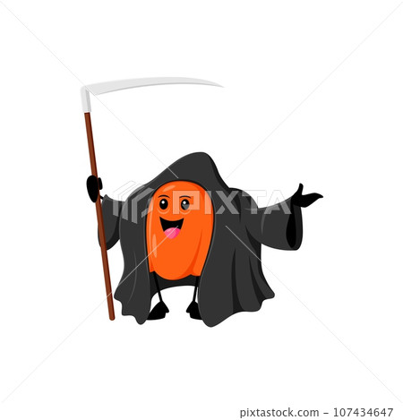 Cartoon Halloween pumpkin character dons a grim reaper costume, combining spooky and cute for a delightful holiday twist. Isolated vector gourd in robe with scythe radiating all hallows eve spirit Cartoon Halloween pumpkin character dons a grim reaper costume, combining spooky and cute for a delightful holiday twist. Isolated vector gourd in robe with scythe radiating all hallows eve spirit 107434647