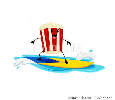 Cartoon fast food popcorn bucket surfer character on the sea wave. Junk food menu meal cute character, fast food cafe snack cheerful isolated vector personage or popcorn childish mascot on surfboard 107434658