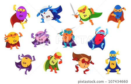 Cartoon micronutrient superhero characters. Funny vitamin and mineral vector personages in super hero capes and costumes. Cute pills of zinc, calcium, magnesium and selenium, manganese, ferrum, iodine 107434660